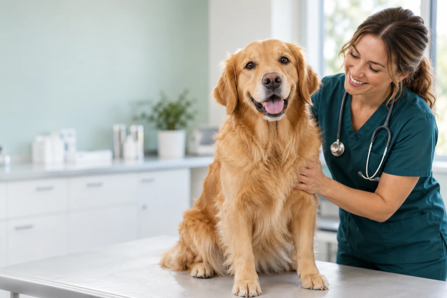 A veterinary nurse with a golden retriever, illustrating SEO for vets